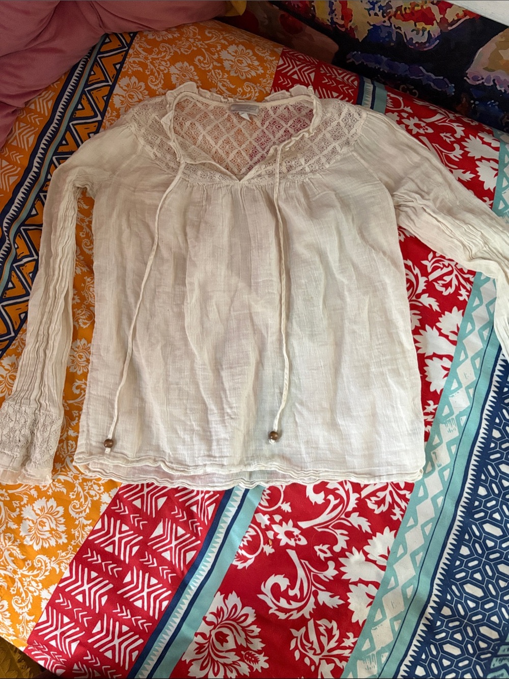 Women's Cream Lace Yoke Peasant Blouse